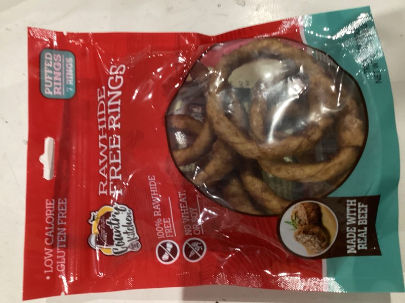 Condition photo showing New/Like New for country kitchen rawhide free beef rings dog chews, made with real beef, highly digestible, gluten free, 7 count beef rings 7 count (pack of 1)