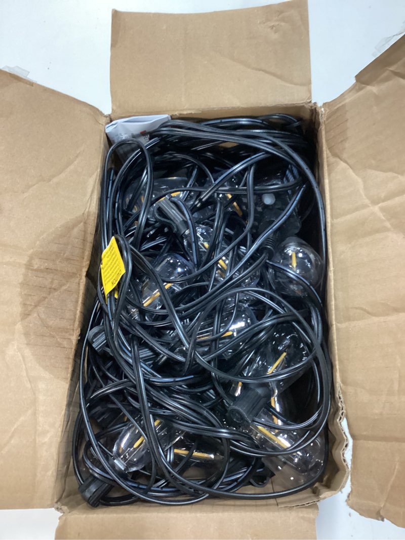 Condition photo showing As Is for addlon 100ft led outdoor string lights with remote waterproof patio lights with shatterproof st38 replaceable bulbs, dimmable outside hanging light connectable for porch, backyard 100ft(30 sockets)