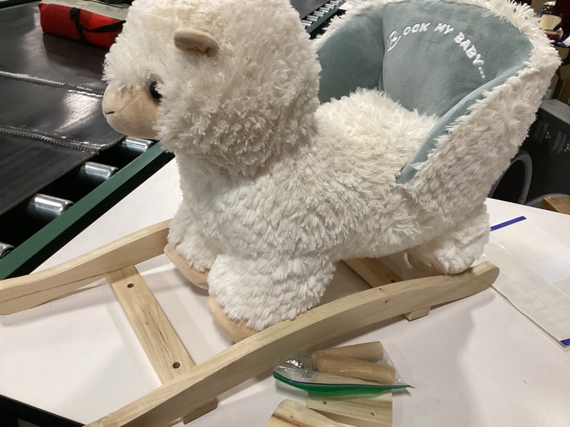 Condition photo showing As Is for Baby Rocking Horse Alpaca Llama with Chair, Plush Stuffed Animal Rocker for Toddlers 1-3, Wooden Rocking Toy Llama Animal, Cream Llama,CPC Certified Snowbell,White lamb
