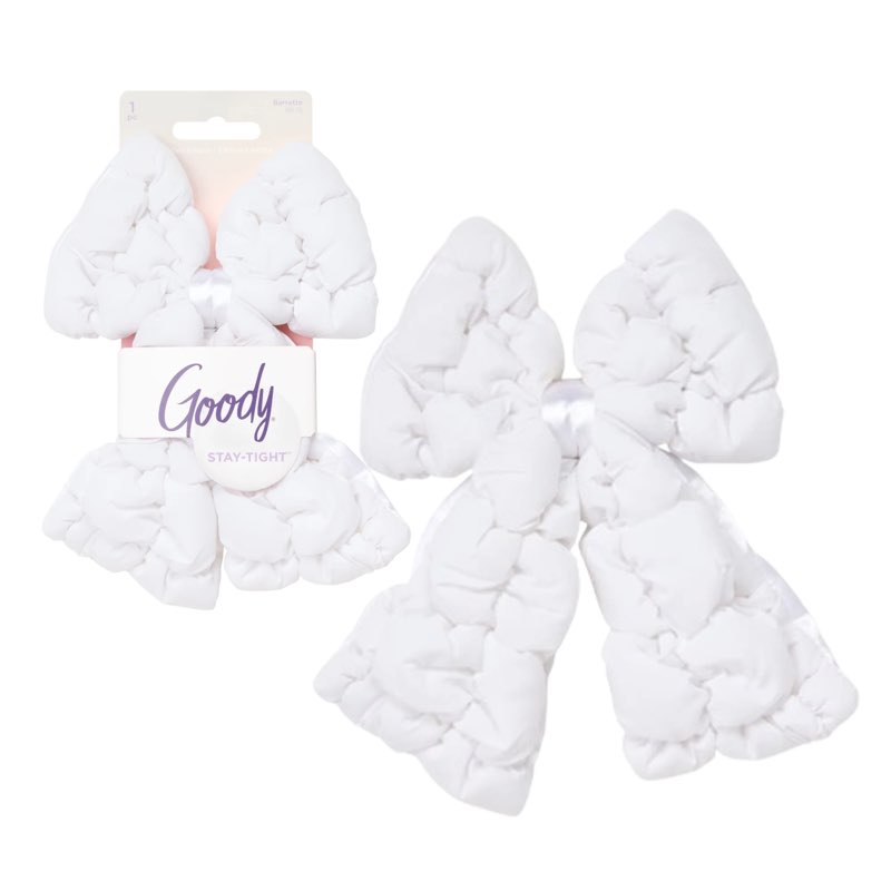 goody luxe puffer bow barrette, wintery white, stay-tight hair clip, 1 count