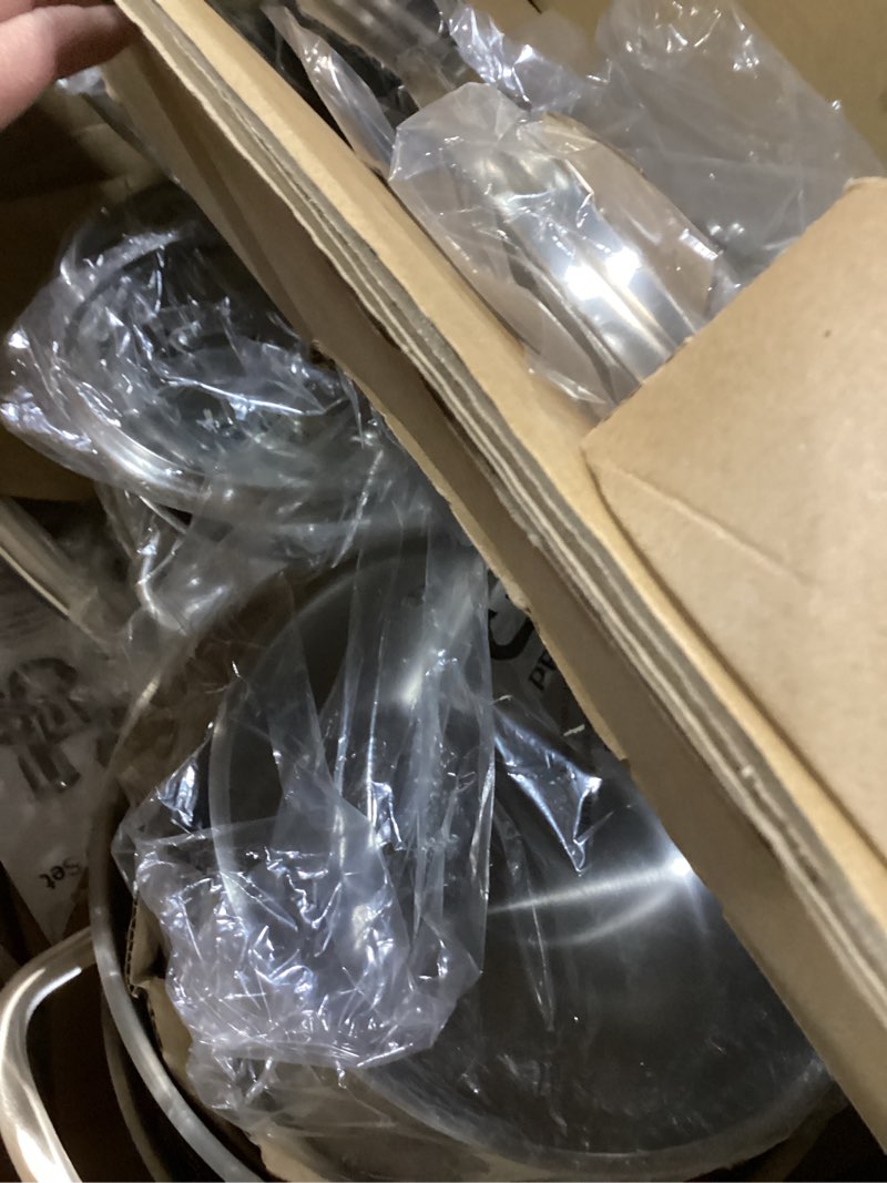 Condition photo showing As Is for Mueller Pots and Pans Set 17-Piece, Ultra-Clad Pro Stainless Steel Cookware Set, Ergonomic EverCool Handle, Induction Cookware, Includes Saucepans, Skillets, Dutch Oven, Stockpot, Steamer For Cooking