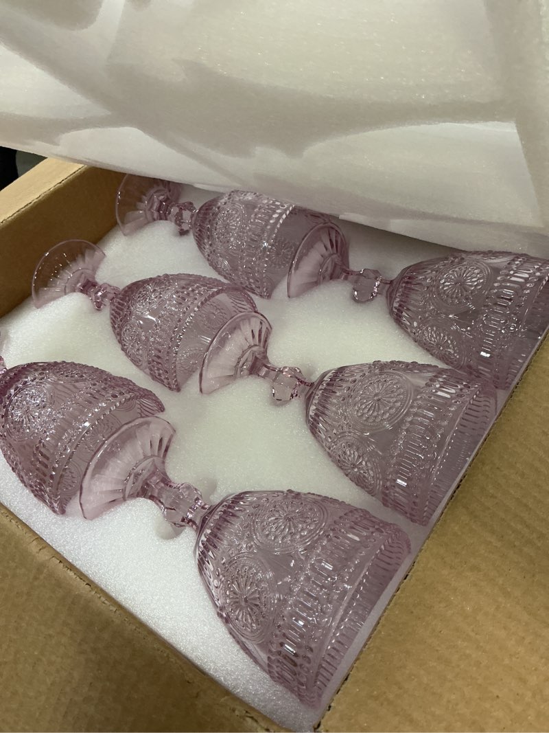 Condition photo showing New/Like New for Vintage Wine Glasses Set of 12, 10 oz Glass Goblets Wine Glassware, Romantic Wedding Glass Set, Drinking Stemware Beverage Cups for Wedding Party Bar, Embossed Design, Purple