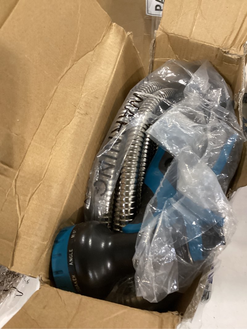 Condition photo showing As Is for metal garden hose 50ft, stainless steel water hose with 10 function nozzle, solid brass fittings, lightweight, kink-free & dog chew proof for lawn, yard, rv, car wash, 550psi