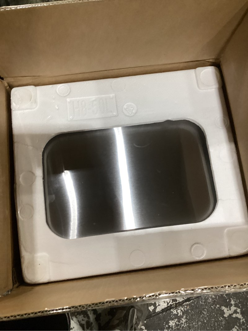 Condition photo showing New/Like New for amazon basics large trash can, 13.2 gallon (50l), smudge resistant rectangular bin with soft-close lid, step foot pedal, removable inner bucket, brushed stainless steel, satin nickel finish satin nickel big, 50l/13.2 gal