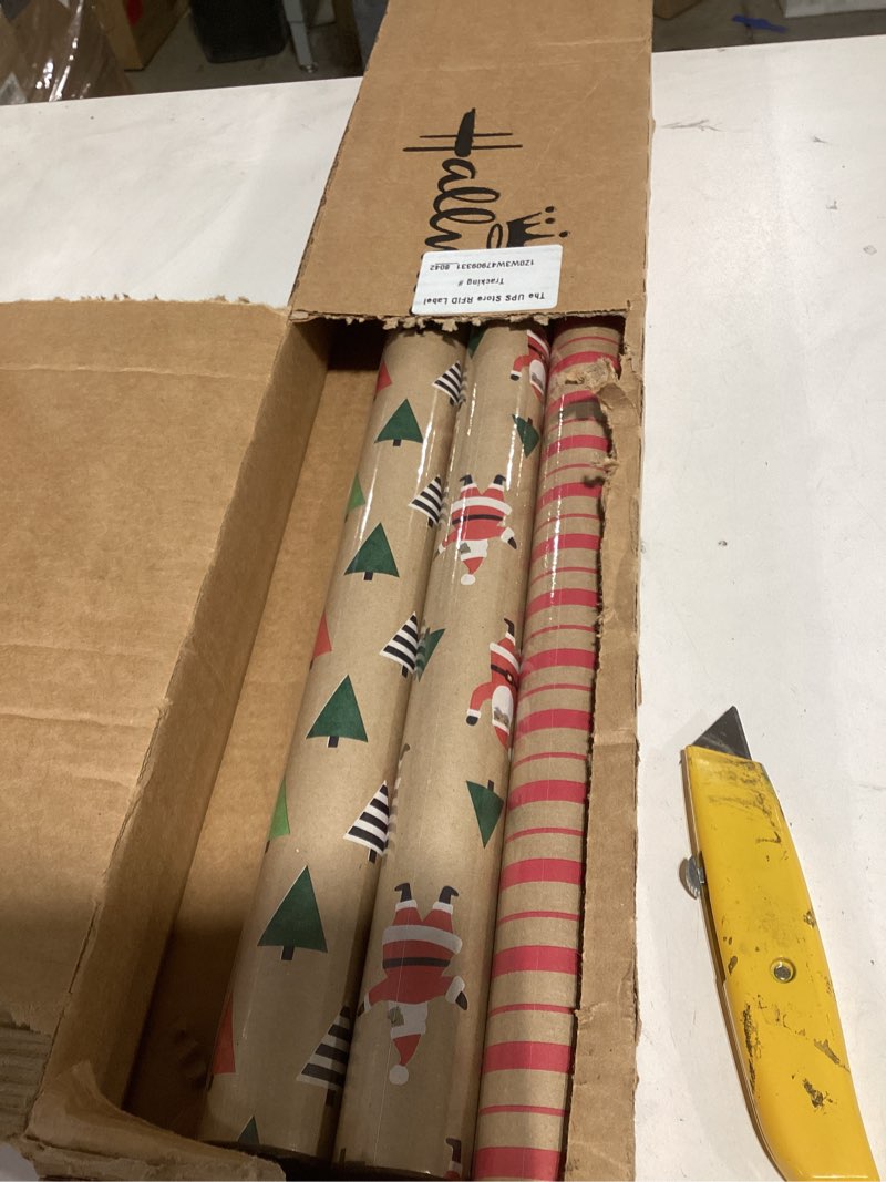 Condition photo showing New/Like New for Hallmark Christmas Wrapping Paper Rolls, Brown Kraft Holiday Gift Wrap (Pack of 3: 90 sq. ft. ttl) Kraft with Santas, Trees, Stripes