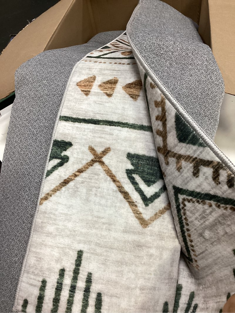 Condition photo showing Good Condition for runner rug 2x5 boho geometric area rugs: small washable kitchen entryway rug, soft non slip moroccan long hallway rugs for bedroom bathroom laundry entryway staircase foyer(brown green,2'x5') brown/green 2' x 5' (rectangular)