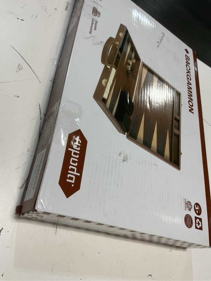 Condition photo showing New/Like New for ropoda sapele wood backgammon board game set (18 inches) for adults and kids - classic board strategy game - portable and travel backgammon set with wooden playing pieces and accessories large