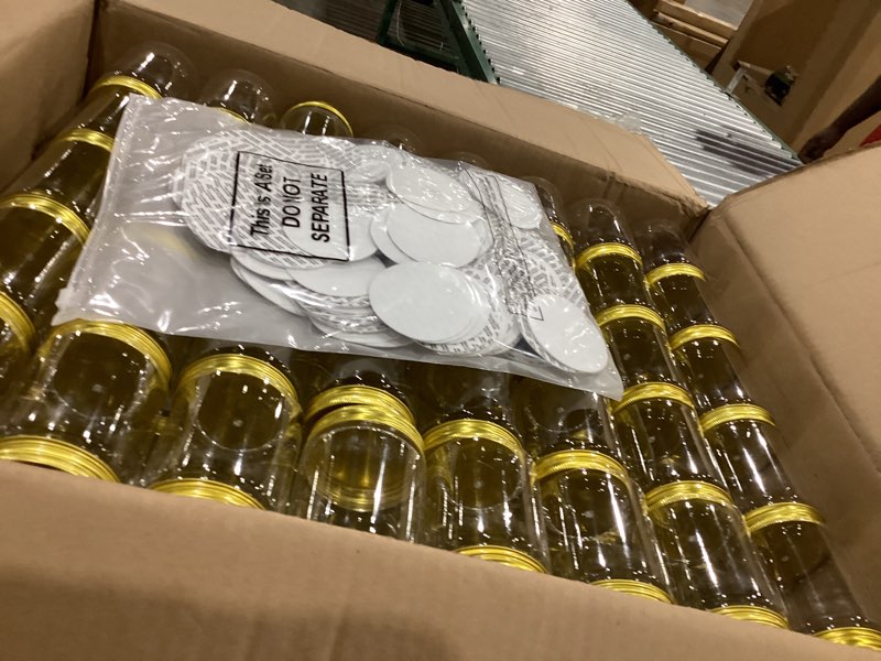 Condition photo showing As Is for wesiti 200 pcs 8 oz clear plastic mason jars containers with screw on gold lids refillable round empty plastic jars storage containers reusable for kitchen household dry food storage honey herb nuts