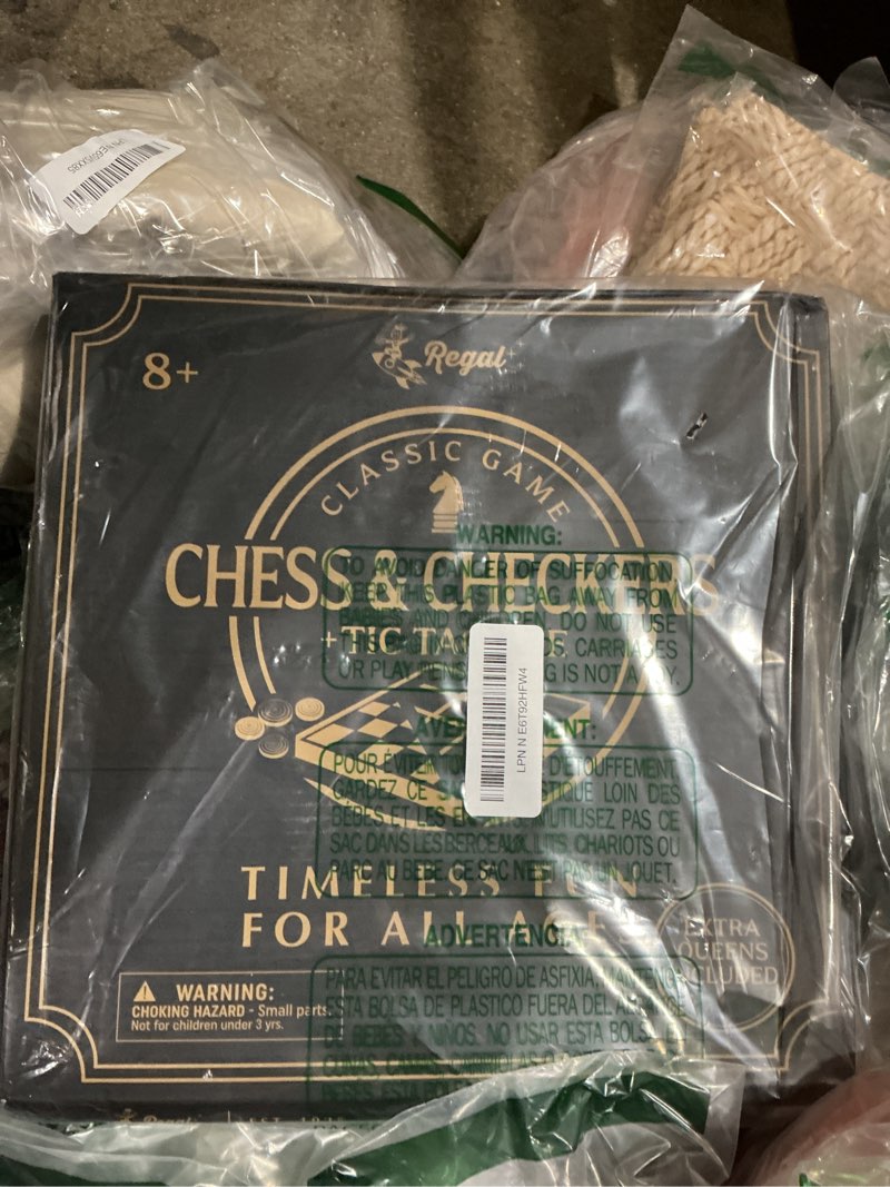 Condition photo showing Good Condition for regal games - reversible wooden board for chess, checkers & tic-tac-toe - 24 interlocking wooden checkers and 32 standard chess pieces - for age 8 to adult for family fun 10.5 inch - reversible