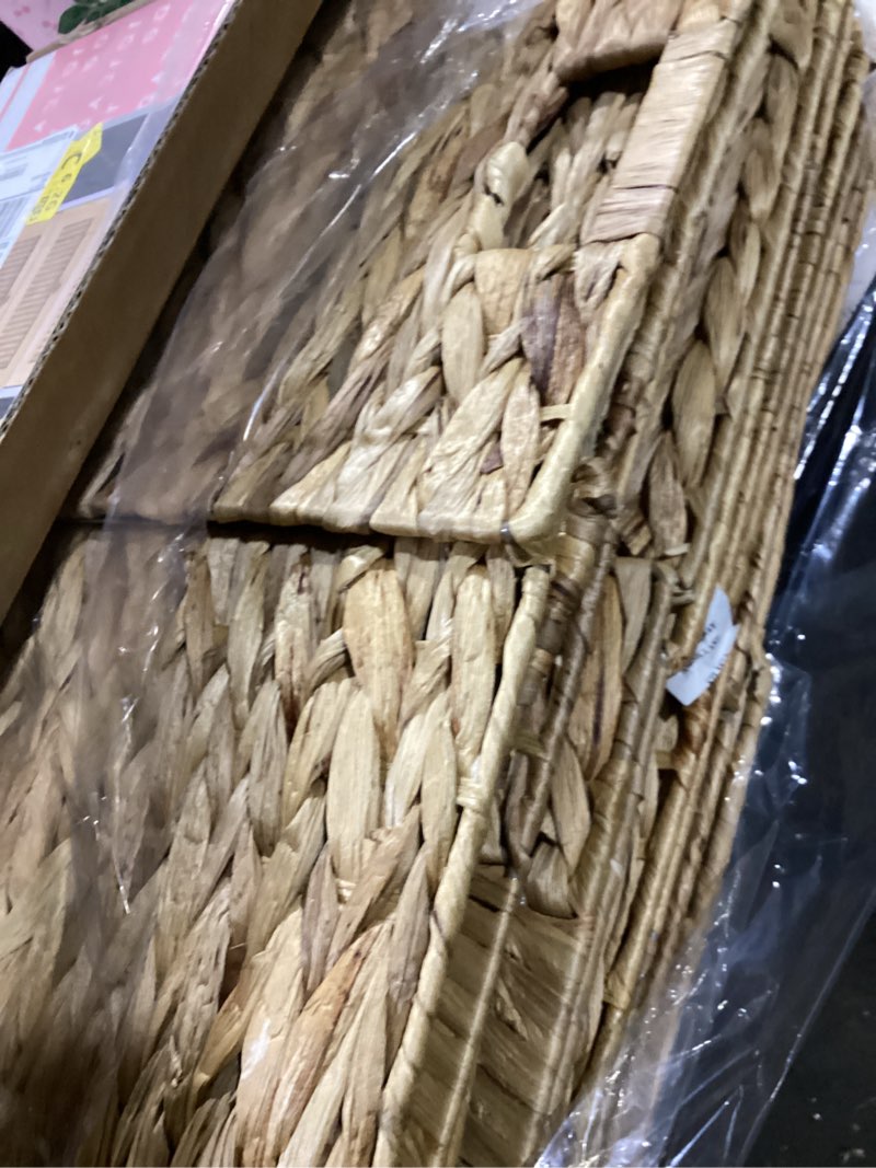 Condition photo showing As Is for storage baskets 11x11inch cube baskets 4 pcs baskets,foldable handwoven water hyacinth laundry organizer,cube storage baskets