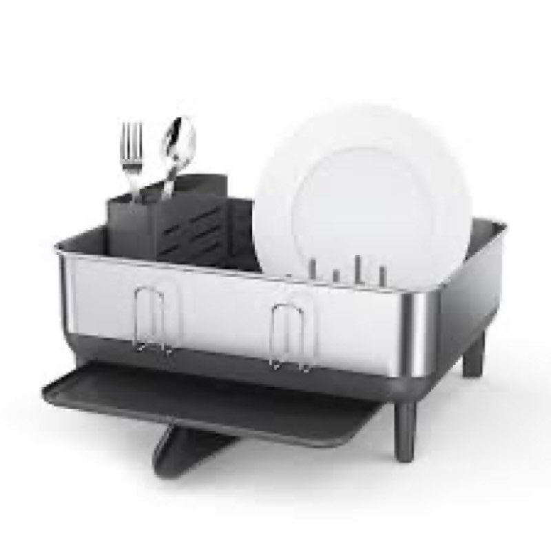 simplehuman Compact Dish Drying Rack with Stainless Steel Frame, 360º Easy Drain Swivel Spout, Utens