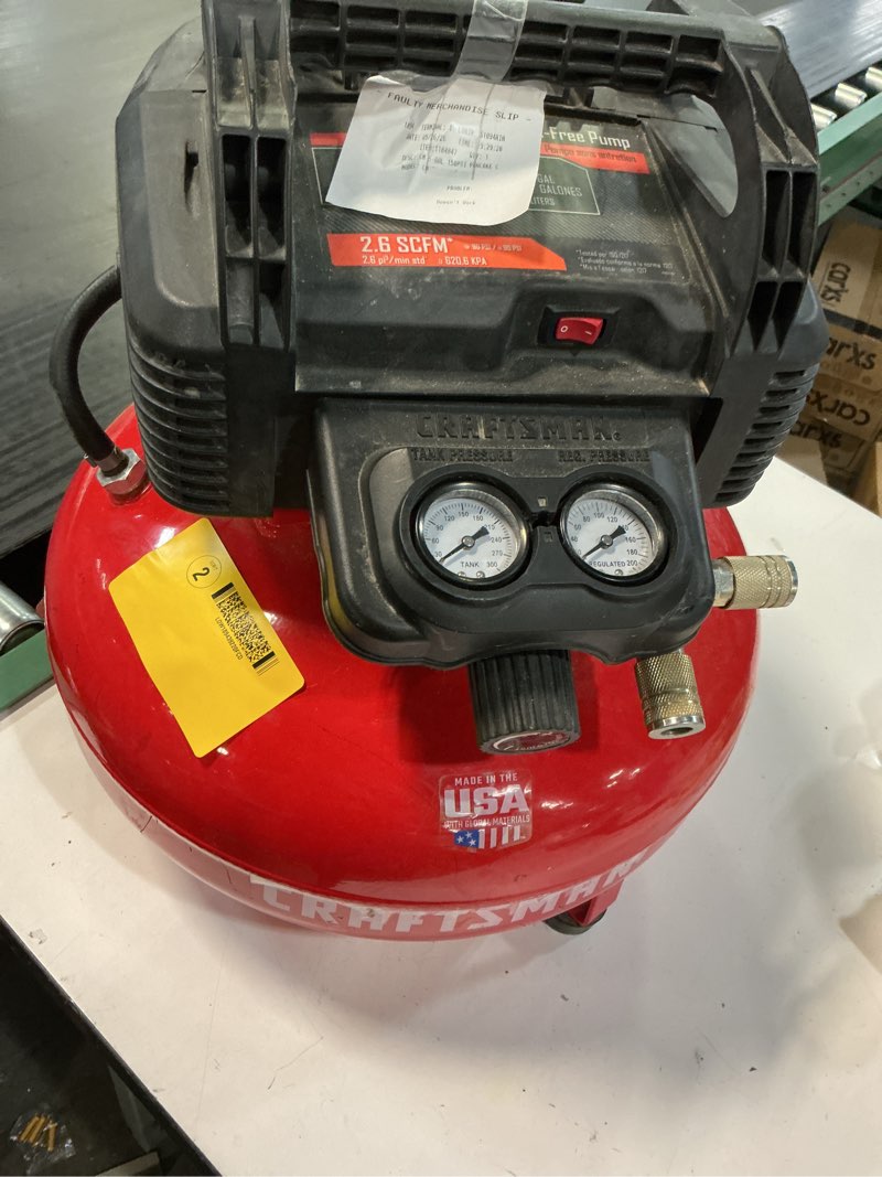 Condition photo showing As Is for craftsman 6-gallon portable electric 150 psi pancake air compressor with accessories included