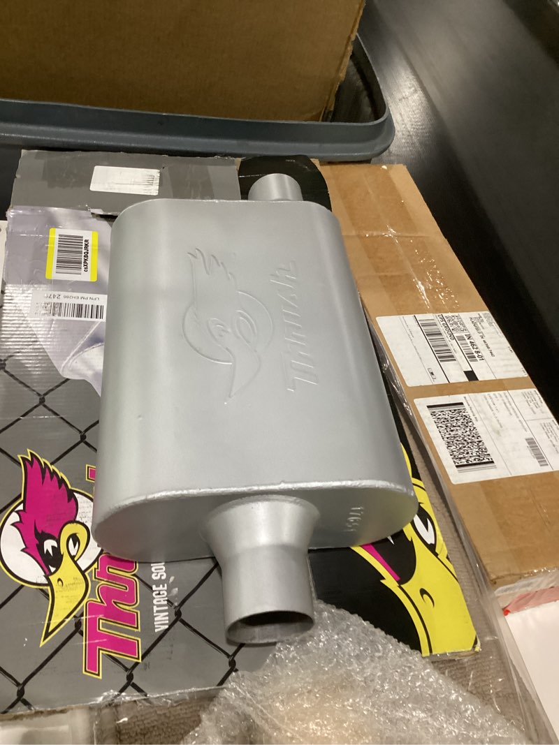 Condition photo showing Good Condition for Thrush Muffler Deep Race Tone (Most Applications) Inlet 2.25 Pipe Connection Center Outlet 2.25 Offset