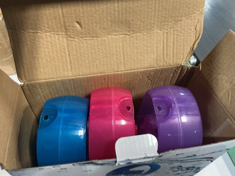 Condition photo showing As Is for water misting fan portable handheld spray fans battery operated for outdoor cooling- set of 3 (sky blue/purpl/pink)