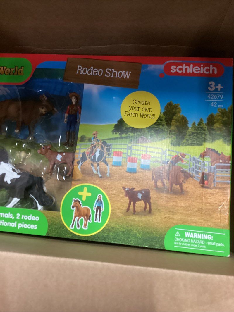 Condition photo showing Good Condition for Schleich Rodeo Show 42-Piece Playset with Cowboy Toys and Cowgirl with Barrel Racing, Western Riding and Calf-Roping Cow Toys 42PC Rodeo Toy Playset