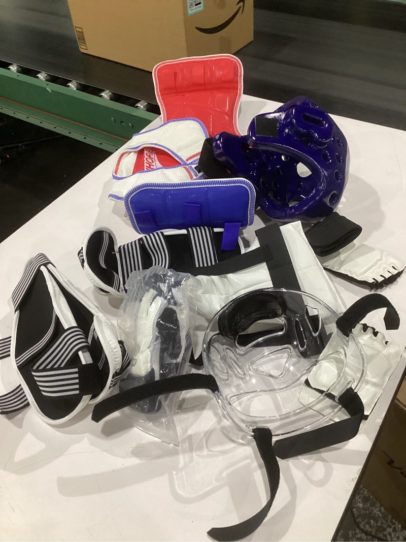 Condition photo showing Good Condition for (incomplete parts)sparring gear for adult & youth - taekwondo sparring gear with boxing gloves, headgear, chest guard, boxing equipment for karate, kickboxing, mma training & competition blue 1#