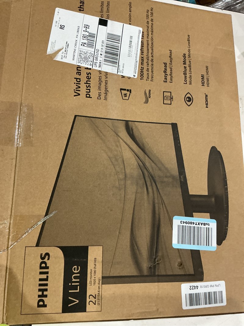 Condition photo showing New/Like New for philips 22 inch class thin full hd (1920 x 1080) monitor, 100hz refresh rate, vesa, hdmi x1, vga x1, lowblue mode, adaptive sync, 4 year advance replacement warranty, 221v8lb
