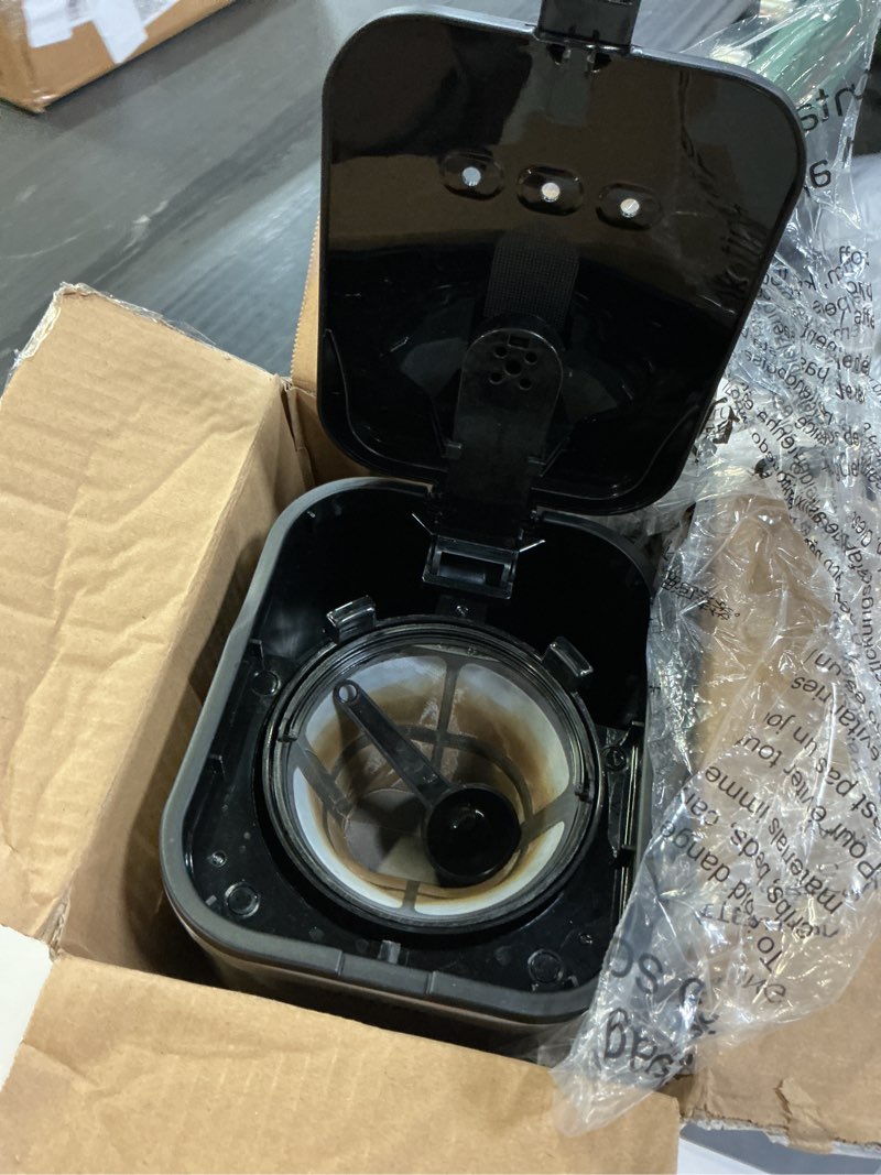 Condition photo showing As Is for krups simply brew compact 5 cup coffee maker: stainless steel design, pause & brew, keep warm, reusable filter, drip-free carafe 5-cup