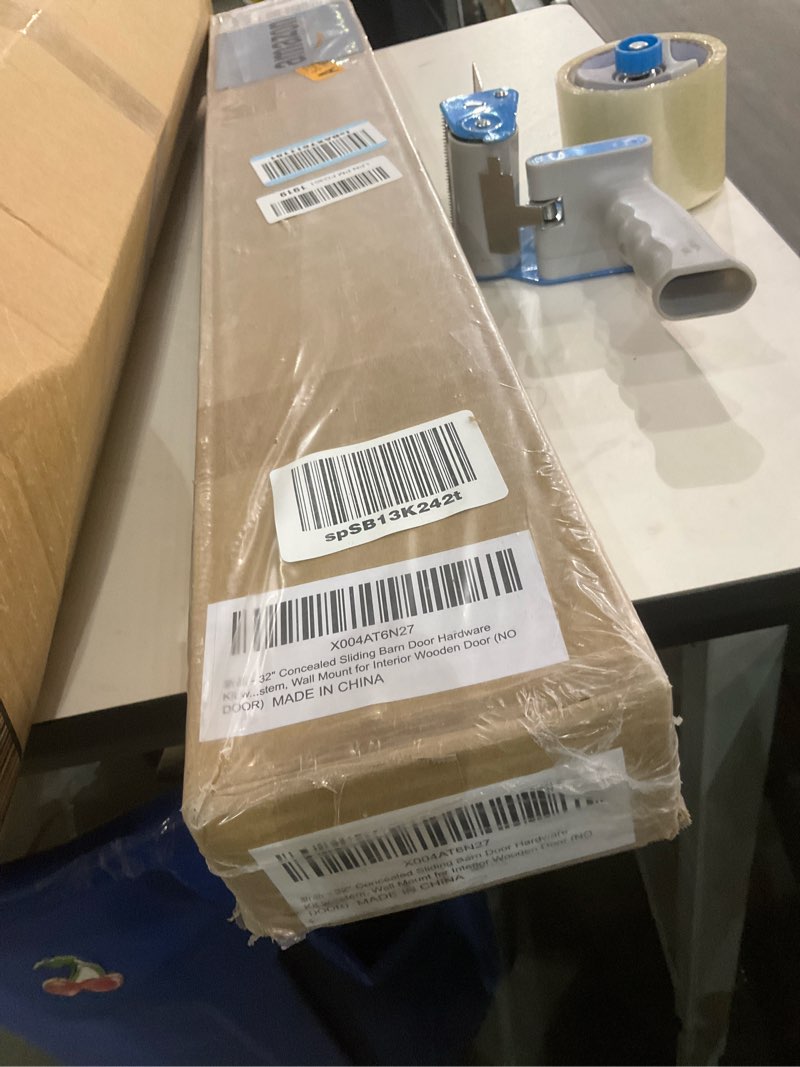 Condition photo showing As Is for 32" Concealed Sliding Barn Door Hardware Kit with Soft Close Mechanism for 24in Passage Opening, Hidden Sliding Door Hardware, Trackless Rail, Wall Mount for Interior Wooden Doors (NO Door) 32'' Hardware Kit