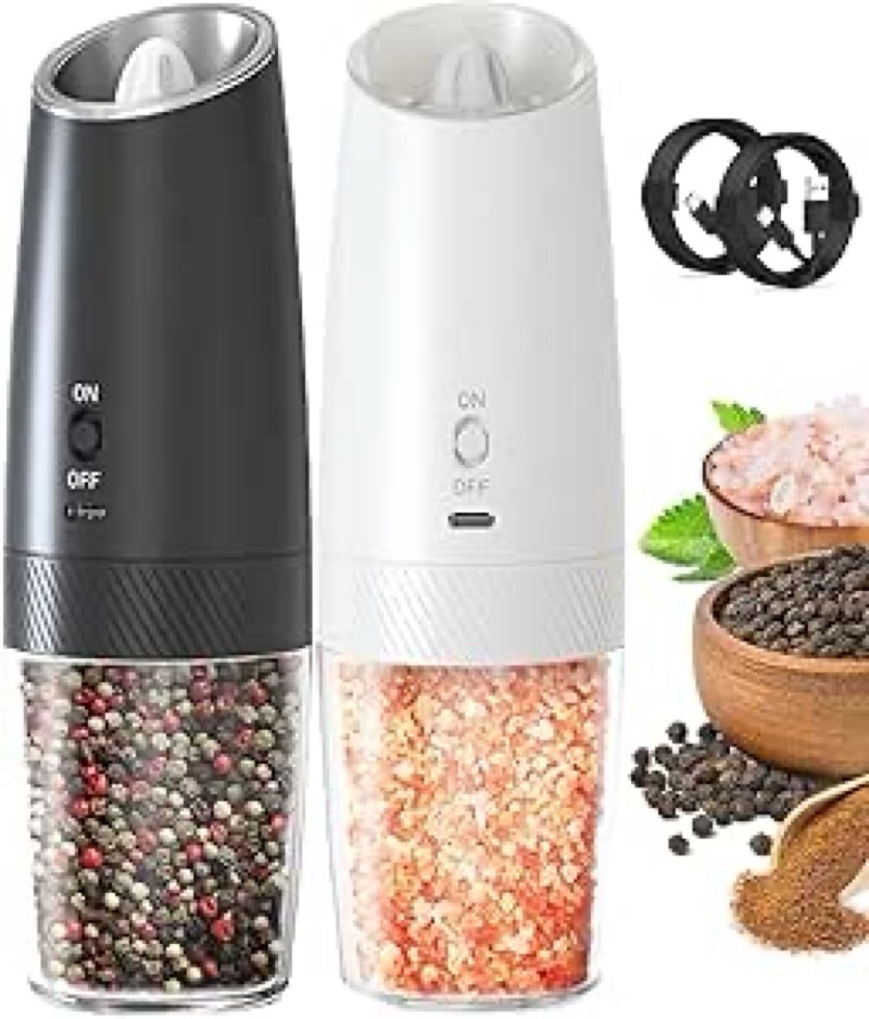 salt and pepper grinder set rechargeable, automatic electric pepper and salt mill shaker with adjustable coarseness, led light, one-hand operation gravity spice grinder kitchen gadgets, 2 pcs