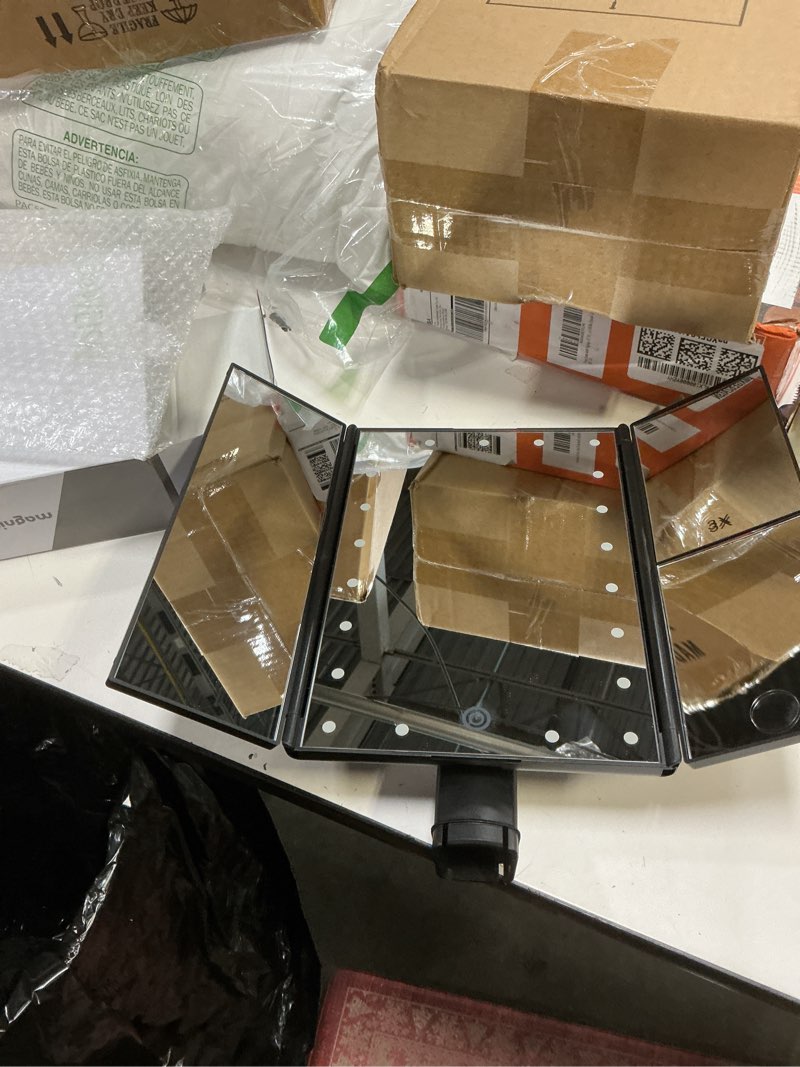 Condition photo showing Good Condition for deweisn Tabletop Mount Trifold Lighted Vanity Mirror with 21 LED Lights, Touch Screen and 3X/2X/1X Magnification, Two Power Supply Mode Make up Mirror,Travel Mirror Black