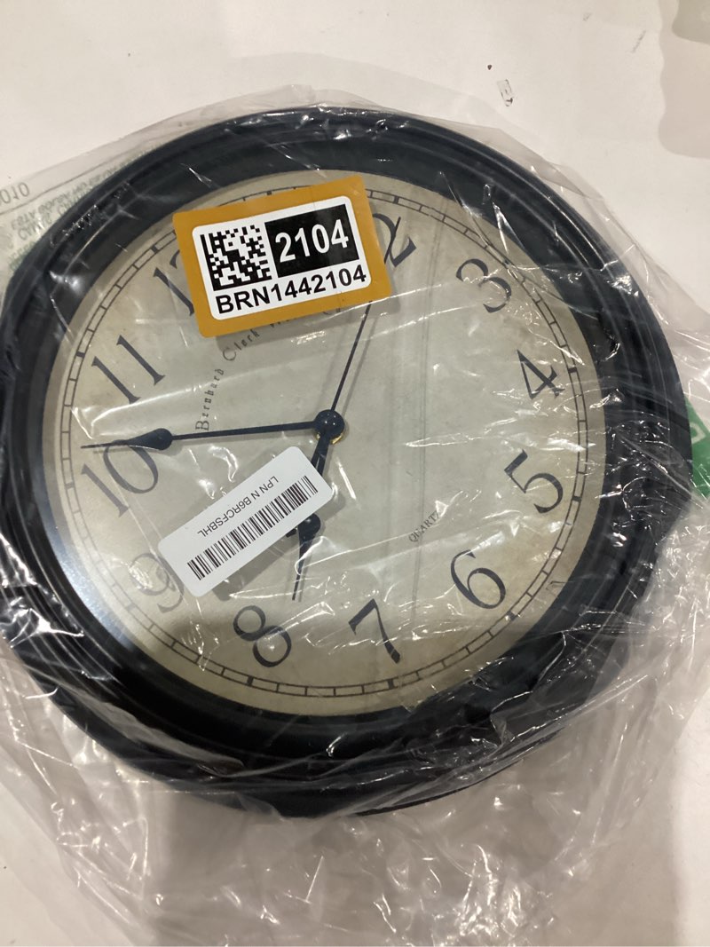 Condition photo showing As Is for Bernhard Products Vintage Wall Clock Silent Non Ticking - 12 Inch Quality Quartz Battery Operated Decorative Rustic Black Clock for Home Kitchen Living/Dining Room Office Decor, Easy to Read