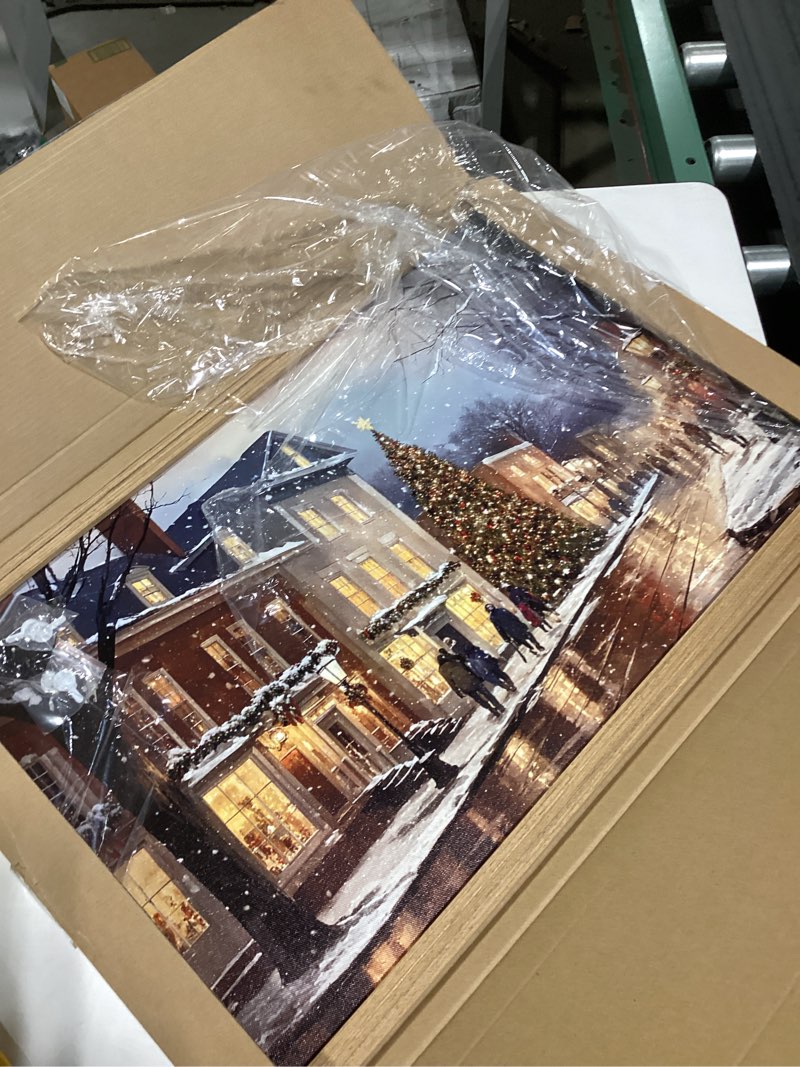 Condition photo showing Good Condition for Vintage Christmas Wall Art 16x24 Inch, Wood Framed Winter Snow Street Canvas Print Picture, Rustic Holiday Christmas tree Wall Decor Oil Painting for Living Room Bedroom Kitchen Christmas A Framed 24"L x 16"W