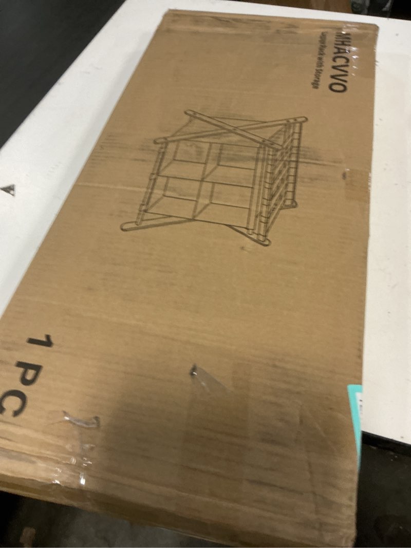 Condition photo showing New/Like New for White Bamboo Luggage Rack with 4 Storage Compartments ?Foldable Suitcase Stand, Luggage Rack for Guest Room , 150lbs Capacity, Sturdy, White 1 Pcs