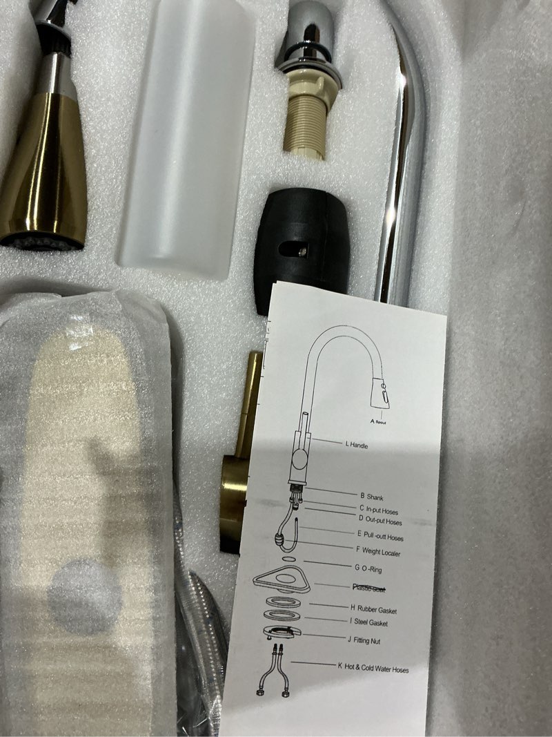 Condition photo showing Good Condition for keer gold & polished chrome single handle pull down kitchen faucet with soap dispenser, 3 modes sprayer, easy assembly, single handle high arc stainless steel faucet standard chrome and gold