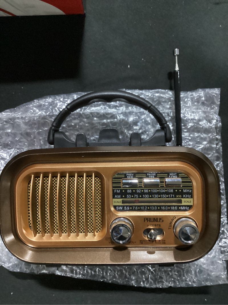 Condition photo showing New/Like New for prunus j-150 portable radio am fm sw bluetooth speaker, gifts for dad and mom, retro radios vintage transistor with best sound, solar/d battery operated/usb charging, tws, support tf card/usb playing