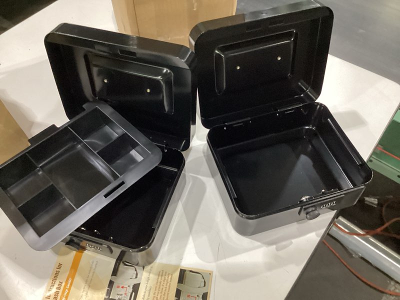 Condition photo showing As Is for kyodoled metal cash box with combination lock & money tray - secure safe for home, office & events, ideal for cash, meds & small items, 7.87" x 6.30" x 3.35", black, 2 pack medium black-2pack