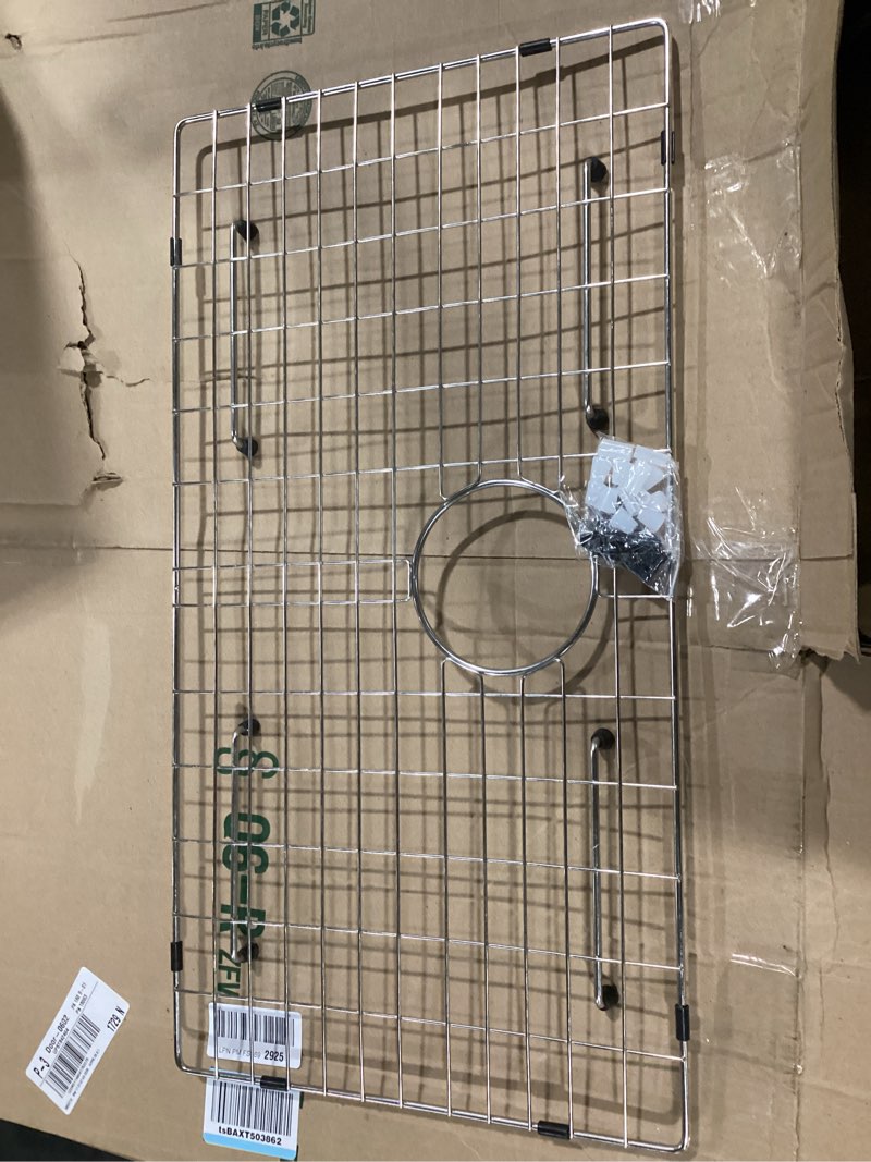 Condition photo showing New/Like New for sink protector grid, sink grids for bottom of kitchen sink with corner radius 3/16",27-9/16" x 14-9/16" sink protector, stainless steel material (27.7"w x 14.7"d x 1"h) 27-9/16" x 14-9/16 (rear drain)
