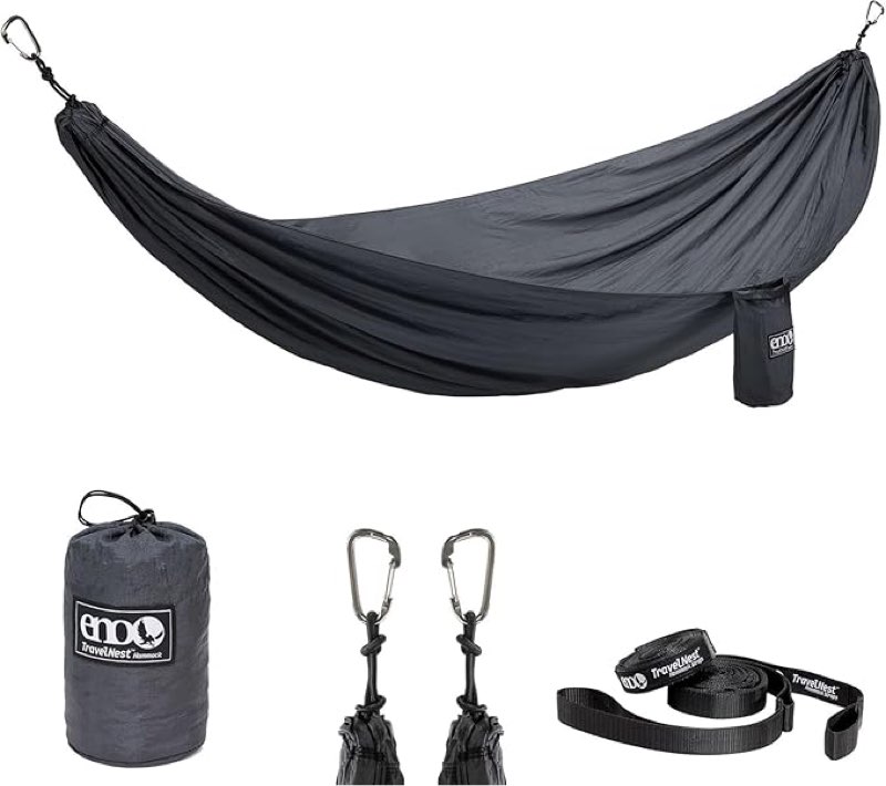 eno travelnest hammock & straps combo - portable hiking and camping hammock with straps included - travel hammock for camping, hiking, backpacking, a festival, or the beach - charcoal