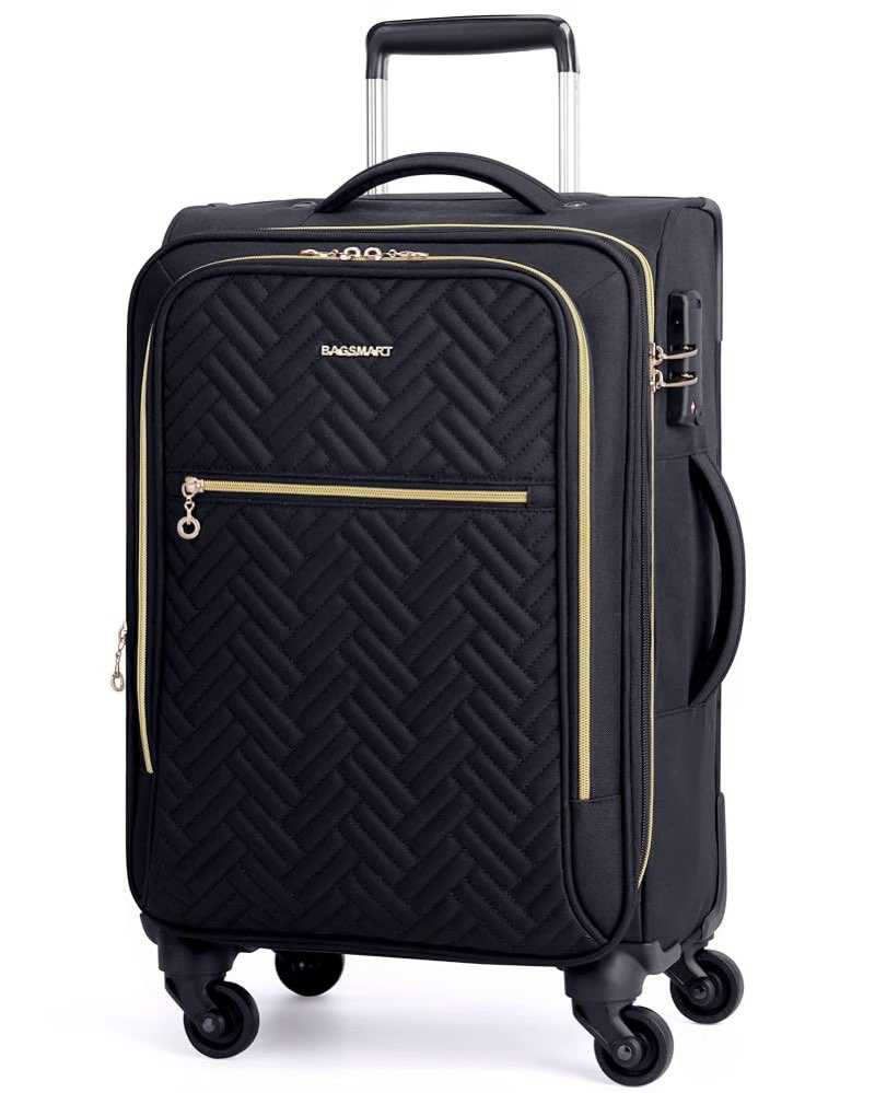 bagsmart carry on luggage 20 inch,softside expandable suitcase with spinner wheels, luggage 22x14x9 airline approved rolling lightweight suitcases for women men, compact carry-on (black)