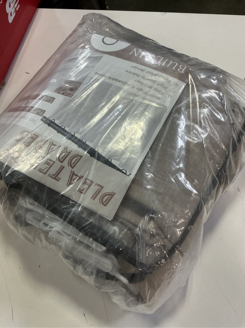 Condition photo showing As Is for flax linen greyish beige light blocking curtains 90 inches long 2 panels set for dining room, neutral memory shape pleated blackout heavy duty curtain with hooks ceiling track patio door drape 7-1/2ft burlywood birch 40"w x 90"l (pack of 2)