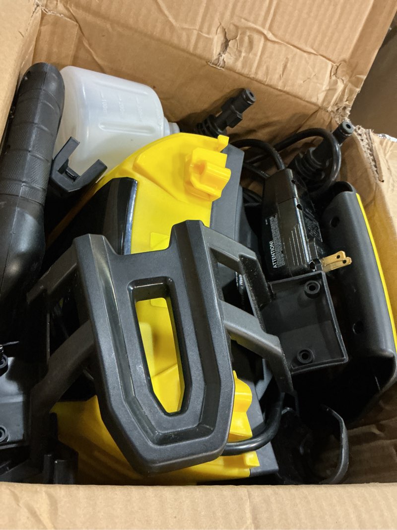 Condition photo showing As Is for 5000psi powerwasher with 4 quick connect nozzles, foam cannon for car, lane, patio cleaning, hydro jet pressure hose water wand for gutter patio car garden window, yellow