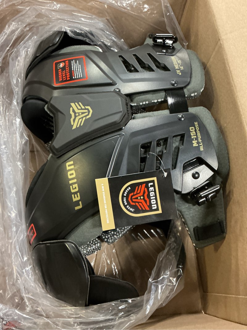 Condition photo showing New/Like New for m-150 junior varsity football shoulder pads, patents pending, lightweight, optimized mobility, enhanced impact protection, industry-best ventilation and cooling medium