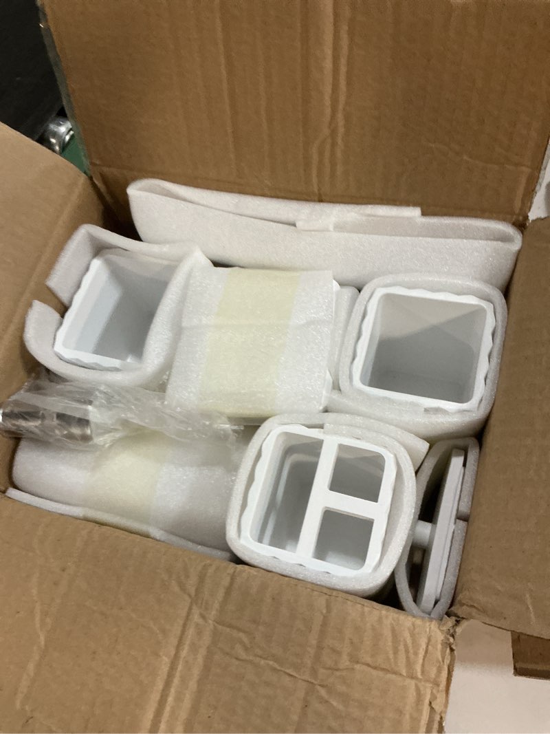 Condition photo showing Good Condition for bathroom accessories set resin 6pcs, square toothbrush holders set complete with soap dispenser, vanity tray, tumbler, cups and cotton swab jars (white diamond, resin bath 6 pcs) white diamond resin bath 6 pcs