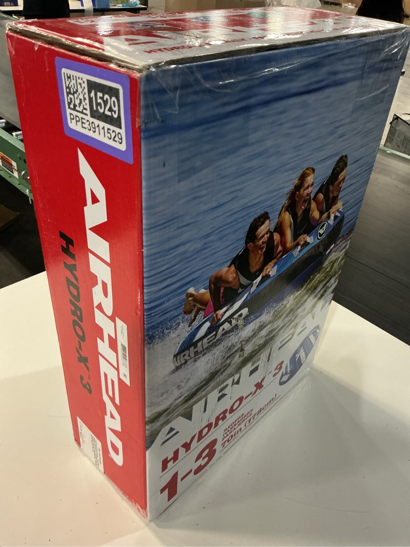 Condition photo showing New/Like New for airhead hydro-x 3 person nylon towable tube, max weight 510 lbs