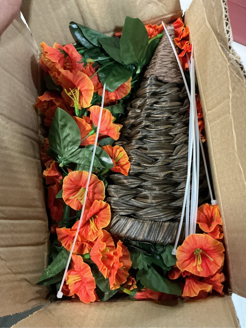 Condition photo showing Good Condition for hyeflora artificial fake hanging flowers plants baskets for outdoor decoration, faux silk orange morning glory in planter uv resistant look real for home porch patio balcony yard decor