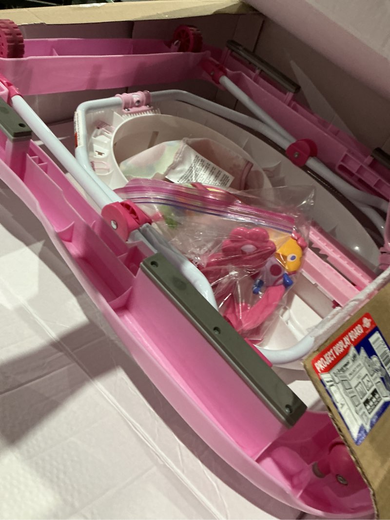 Condition photo showing As Is for bright starts juneberry walk-a-bout baby walker and entertainer, with easy fold frame for storage, ages 6 months + juneberry delight