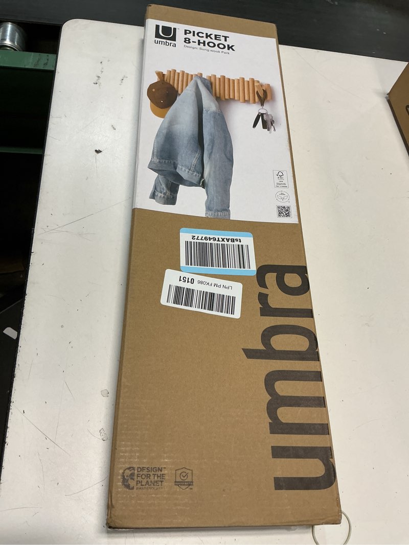 Condition photo showing New/Like New for Umbra Picket Coat Rack with 8 Hooks – Natural Wall-Mounted Coat Rack with Flip-Down Wooden Hooks, Real Pine Wood Decorative Wall Storage for Jackets, Hats, Scarves, Bags, Entryway, Bedroom Living Room Natural 8-Hook