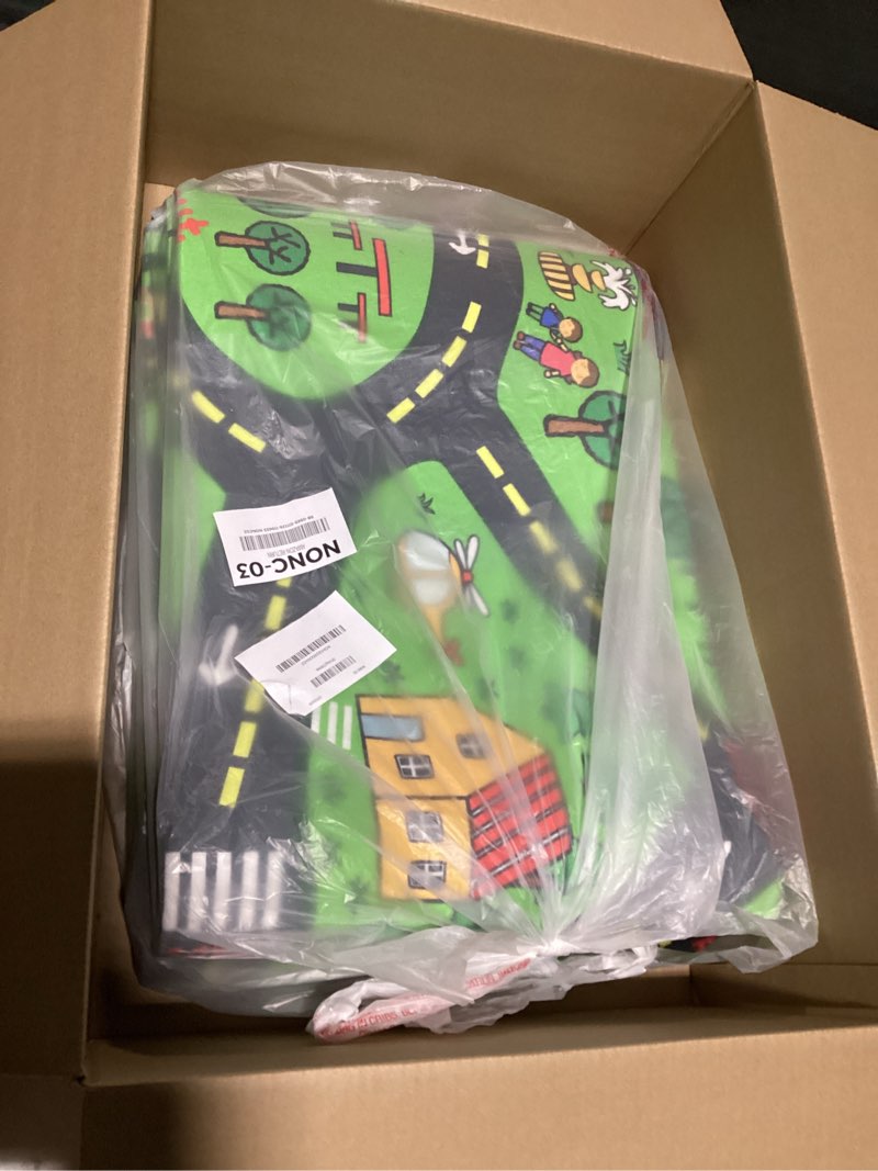 Condition photo showing Good Condition for Upgrade Ultra Non Slip Kids Car Rug, Kids Road Playmat Rug for Toy Cars, Educational Town City Map Washable Carpet for Boys Playroom Bedroom, Safer Car Track Play Mat for Children Toddler, 100"x60" Grey Green 5'x8.33'