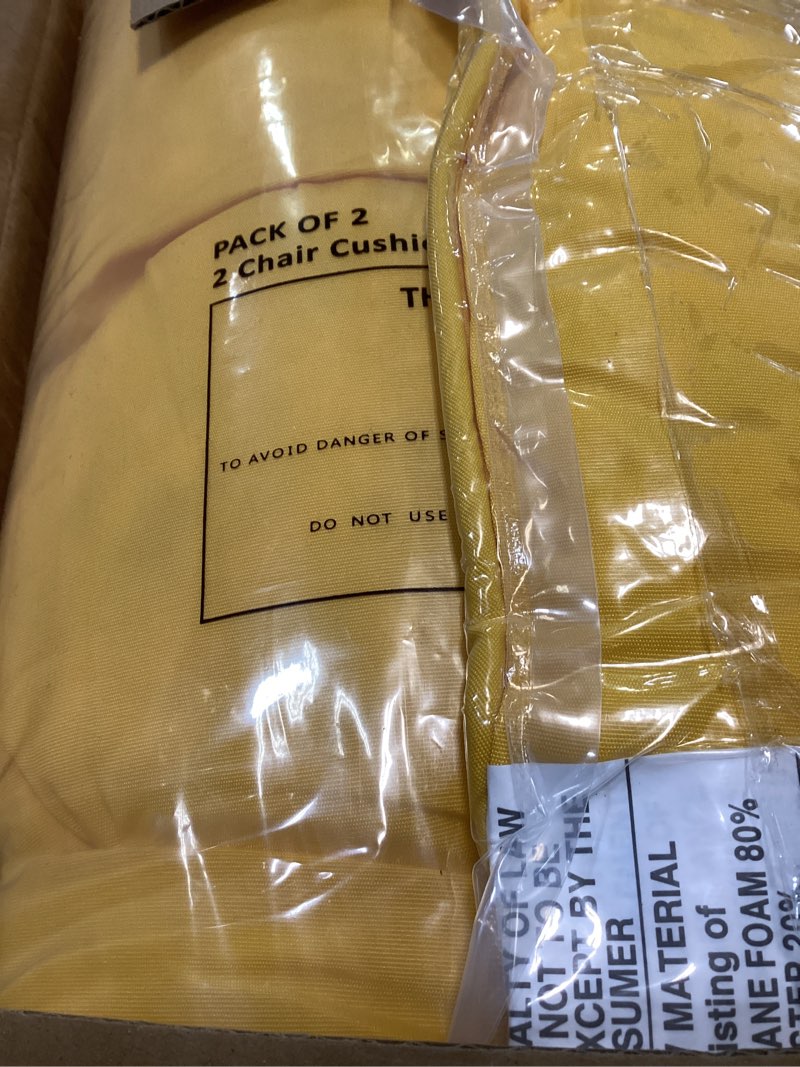 Condition photo showing New/Like New for downluxe outdoor chair cushions set of 2 for patio furniture, water resistant tufted overstuffed patio furniture cushions, thick outdoor seat cushion, 19" x 19" x 5", yellow yellow 2 count (pack of 1)
