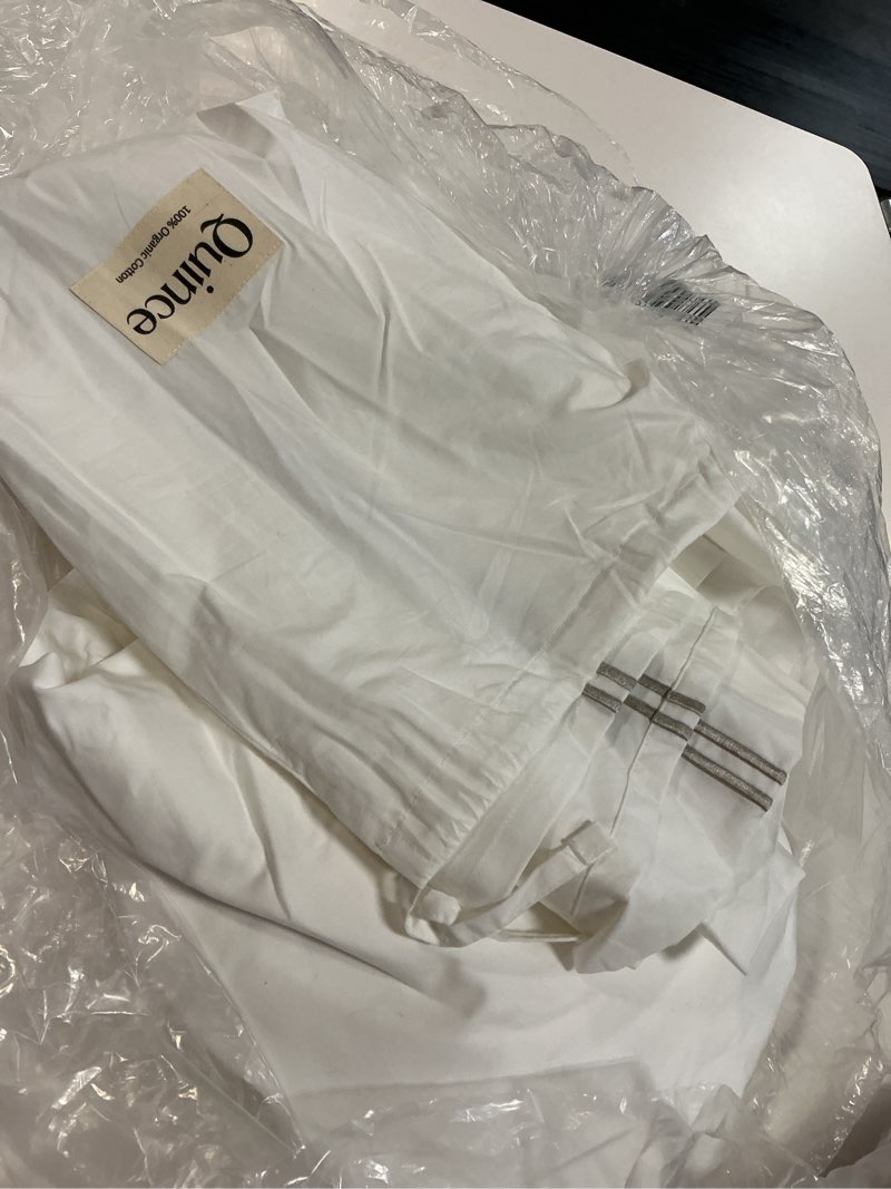 Condition photo showing Good Condition for organic crisp percale embellished deluxe bedding bundle, king, white/dove