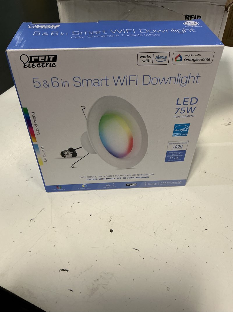 Condition photo showing Good Condition for Feit Electric Smart Recessed Downlights, 5-6 Inch, Wi-Fi LED, Dimmable Color-Changing, 1000 Lumens, 11.1W (75W Equivalent), Voice & App Control, Daylight to Soft White, 50,000 Hour Lifespan COLOR CHANGING 1 Count (Pack of 1)