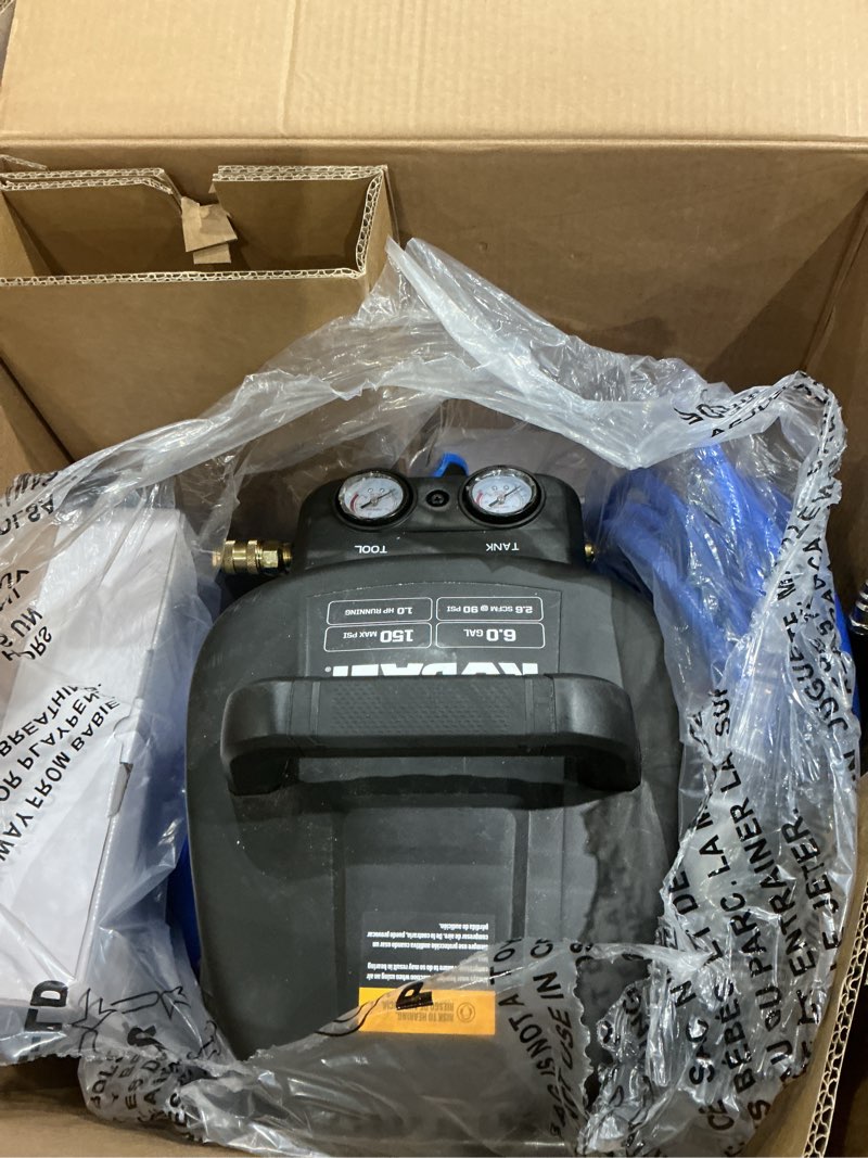 Condition photo showing As Is for kobalt 6-gallon portable electric 150 psi pancake air compressor with accessories included