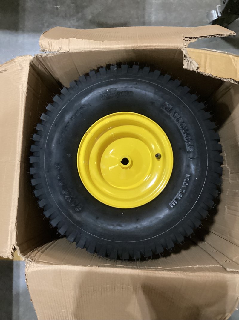 Condition photo showing Good Condition for 16x6.50-8 tubeless tire and wheel, 16x6.5-8 lawn mower tires, 3"-4.5" offset hub, 3/4" or 5/8" bearing, universal fit riding mower and garden tractor front wheel, 4 ply, s-turf pattern, 2 pack