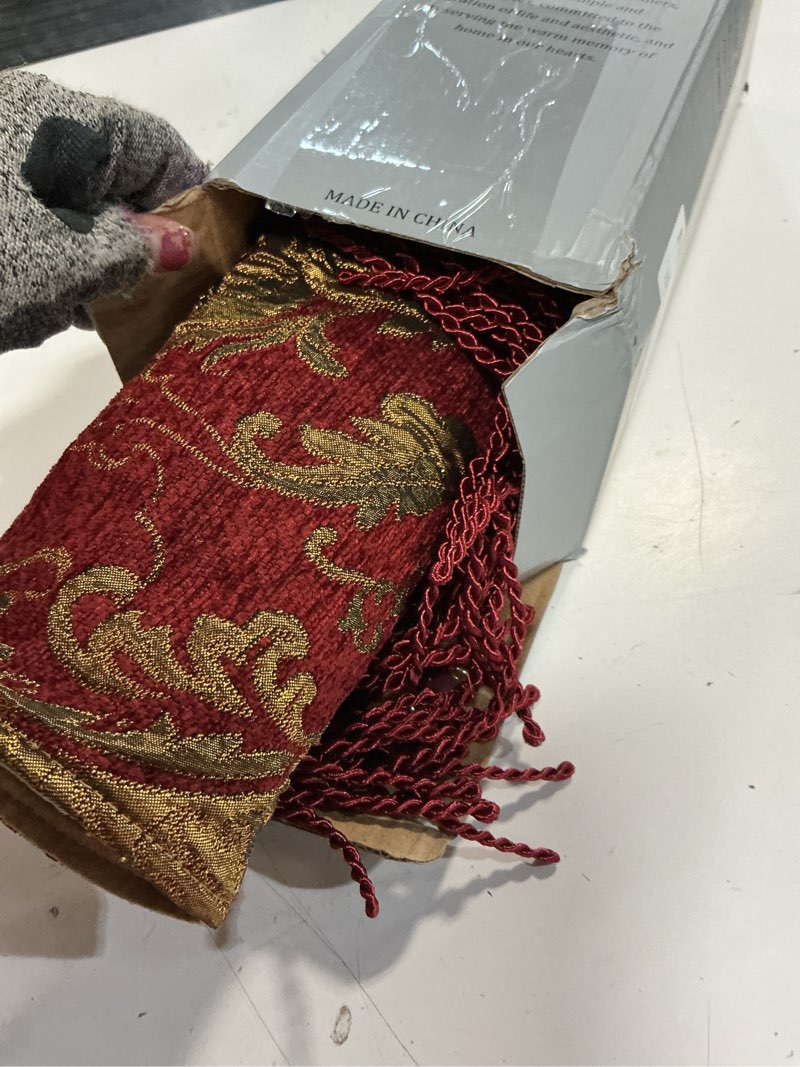 Condition photo showing Good Condition for loom and mill luxury vintage chenille table runner 120 inches long, red damask jacquard table runners with multi-tassels for dining room dresser party banquet christmas decor(red,13x120 inch) red_florence 13*120 inch