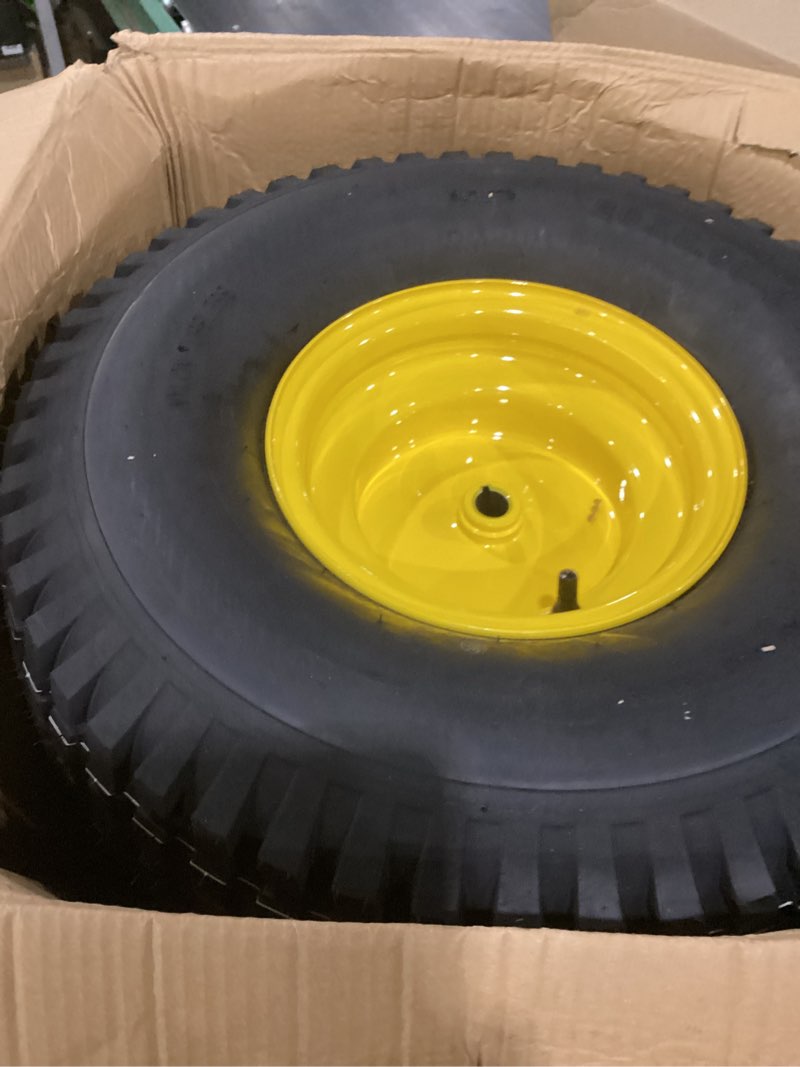 Condition photo showing Good Condition for (2-pack) 20x8.00-8 rear tire and wheel assemblies - 4 ply tubeless tire compatible replacement for riding lawn mowers - 3/4" borehole, 3.5" offset hub and 3/16" keyway 20 x 8.00-8" tubeless (offset hub) yellow